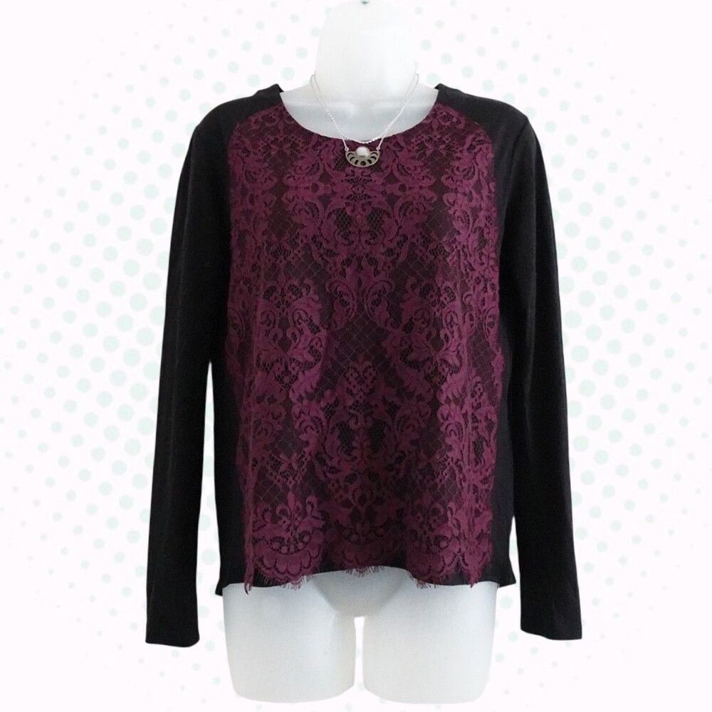 The Kooples Black & Maroon Lace Wool-Blend Long Sleeve Top Size S